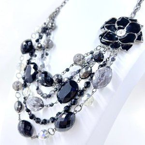 NY & CO - Multi Layered Enameled Black Flower Beaded Gunmetal Tone 16” Necklace